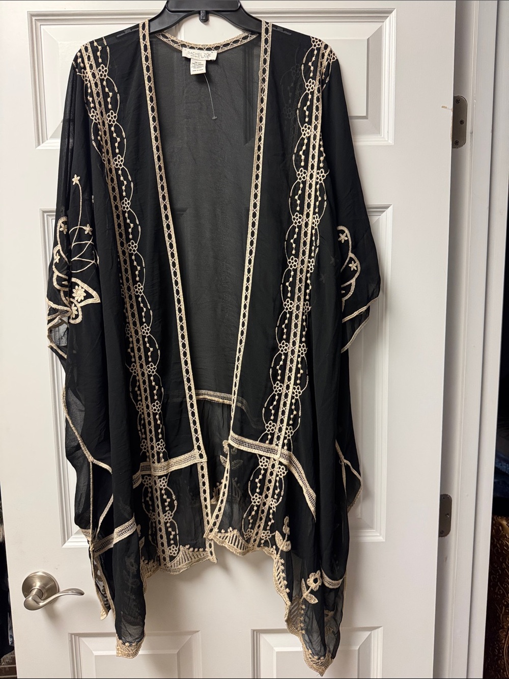 Rachel Zoe Black Sheer Kimono Duster Boho Embroidered Swim Cover Up - NWOT